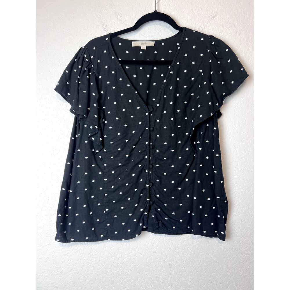 Charming LOFT White Polka Dot Ruffle Linen Blend Blouse